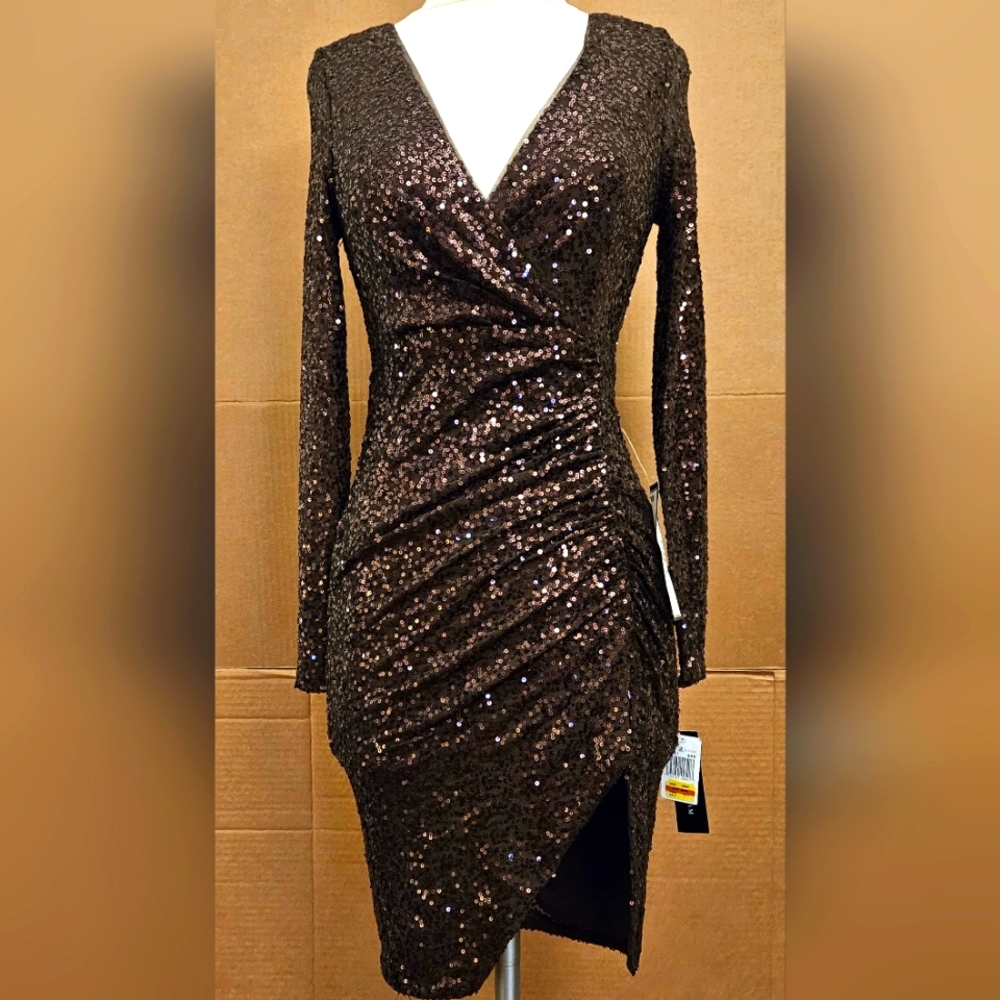 Brown Long Sleeves Sequin Sheath Dress